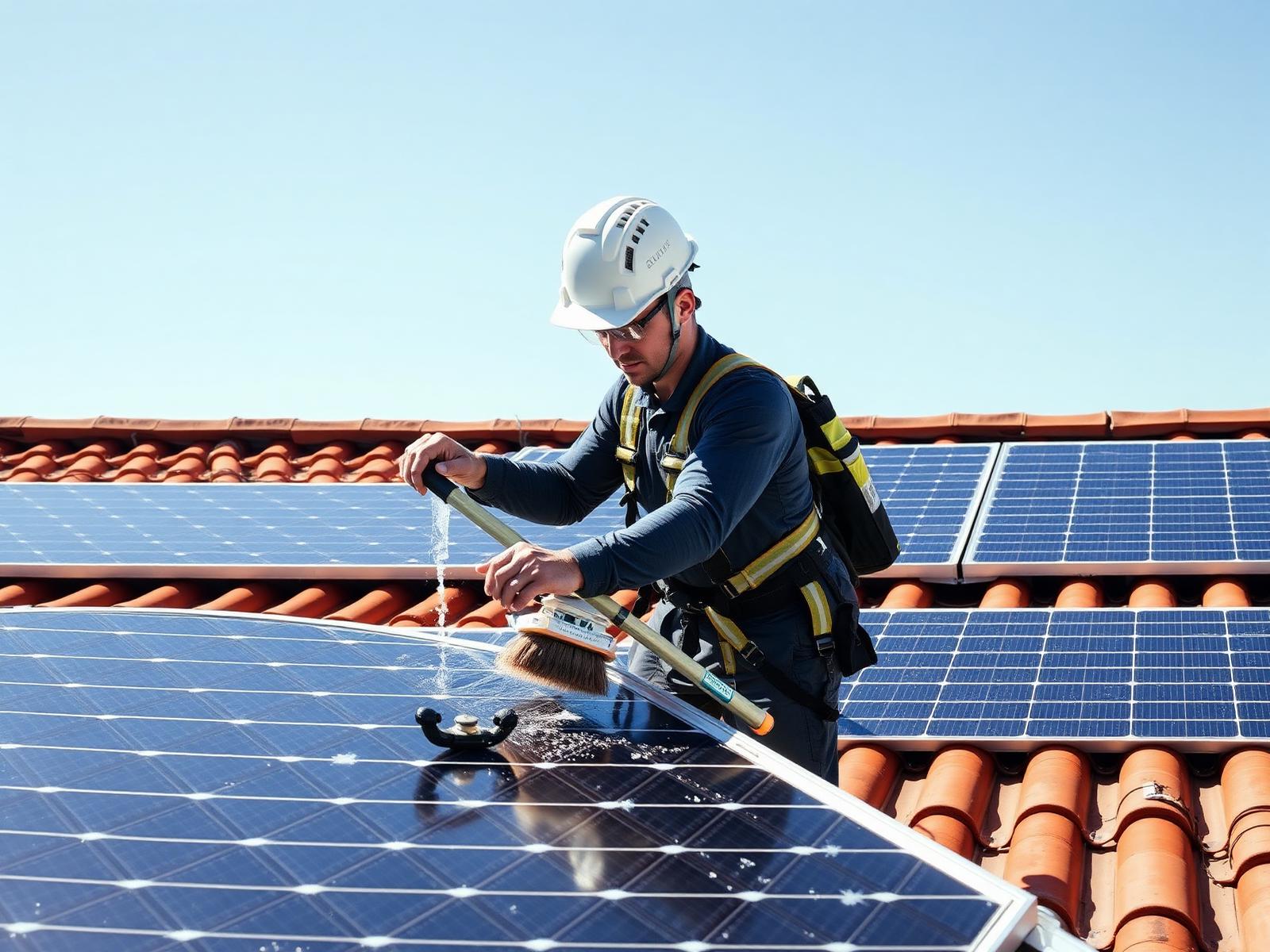 Técnico de PlacaLimpia limpiando placas solares en un tejado de Madrid